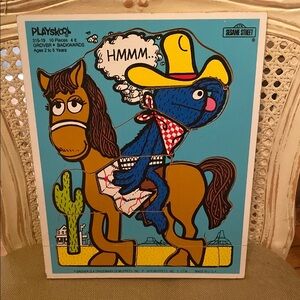Vintage Playskool.  Sesame Street wooden puzzle. Grover on horse 1976